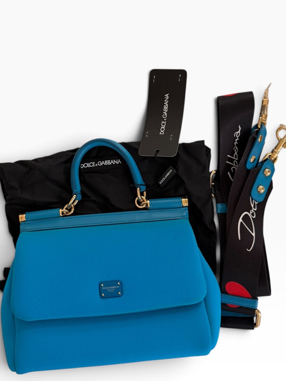 Dolce & Gabbana small Bright Blue Sicily Top-Handle Satchel bag with Logo Strap